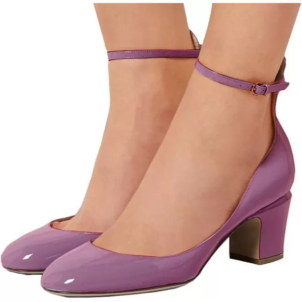 imageFSJ Women Retro Ankle Strap Mid Heels Dress Pump Almond Toe Patent Leather Shoes Size 415 USPurple