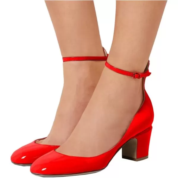 imageFSJ Women Retro Ankle Strap Mid Heels Dress Pump Almond Toe Patent Leather Shoes Size 415 USRed Patent
