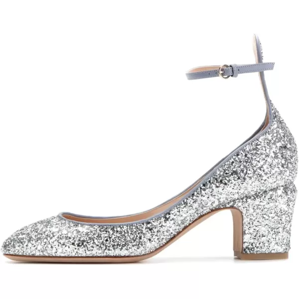 imageFSJ Women Retro Ankle Strap Mid Heels Dress Pump Almond Toe Patent Leather Shoes Size 415 USSilver