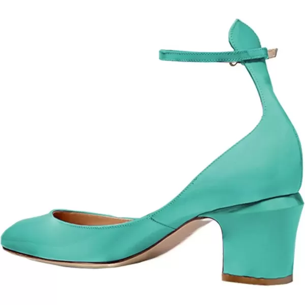 imageFSJ Women Retro Ankle Strap Mid Heels Dress Pump Almond Toe Patent Leather Shoes Size 415 USTurquoise