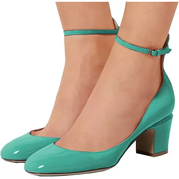 imageFSJ Women Retro Ankle Strap Mid Heels Dress Pump Almond Toe Patent Leather Shoes Size 415 USTurquoise