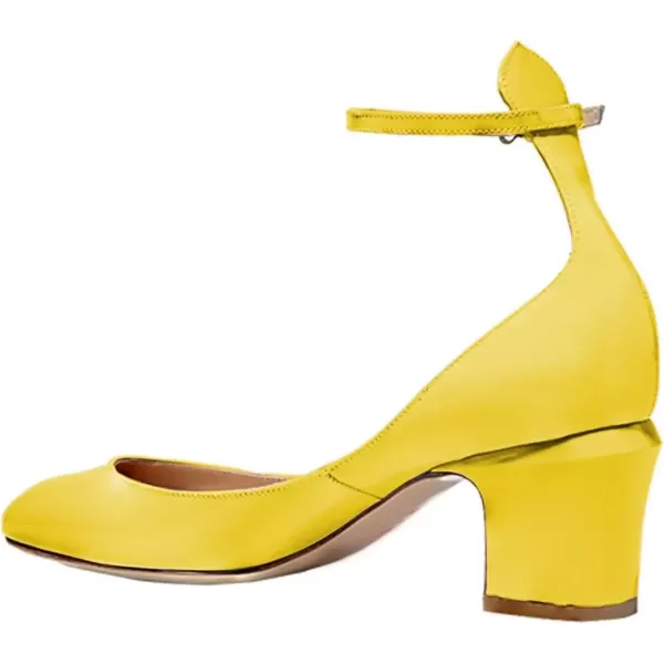 imageFSJ Women Retro Ankle Strap Mid Heels Dress Pump Almond Toe Patent Leather Shoes Size 415 USYellow
