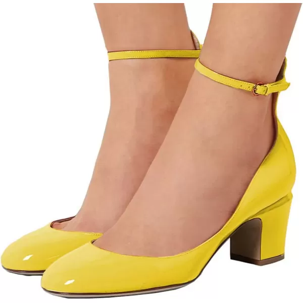 imageFSJ Women Retro Ankle Strap Mid Heels Dress Pump Almond Toe Patent Leather Shoes Size 415 USYellow