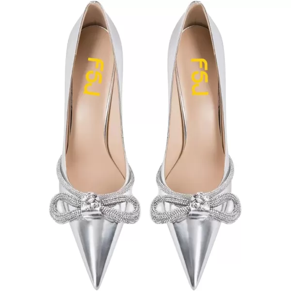 imageFSJ Women Sexy Leopard Fashion Pointed Toe Pumps Chunky High Heels Dress Slip On Party Comfort Shoes Size 415 USSilver Bow