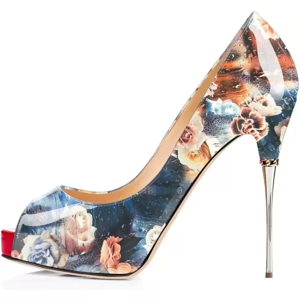 imageFSJ Women Classic Peep Toe Platform Heel Pumps Super High Sexy Metal Stiletto Slip On Party Shoes Size 415 USFlower