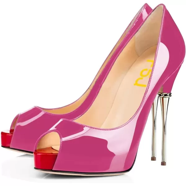 imageFSJ Women Classic Peep Toe Platform Heel Pumps Super High Sexy Metal Stiletto Slip On Party Shoes Size 415 USFushcia