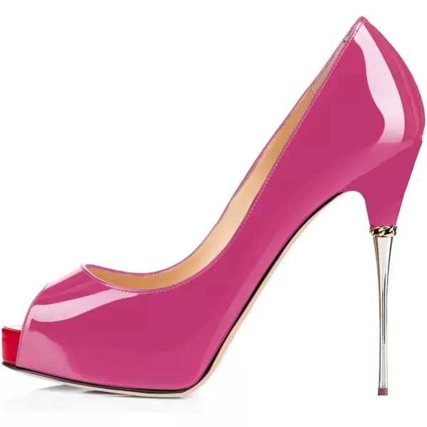 imageFSJ Women Classic Peep Toe Platform Heel Pumps Super High Sexy Metal Stiletto Slip On Party Shoes Size 415 USFushcia