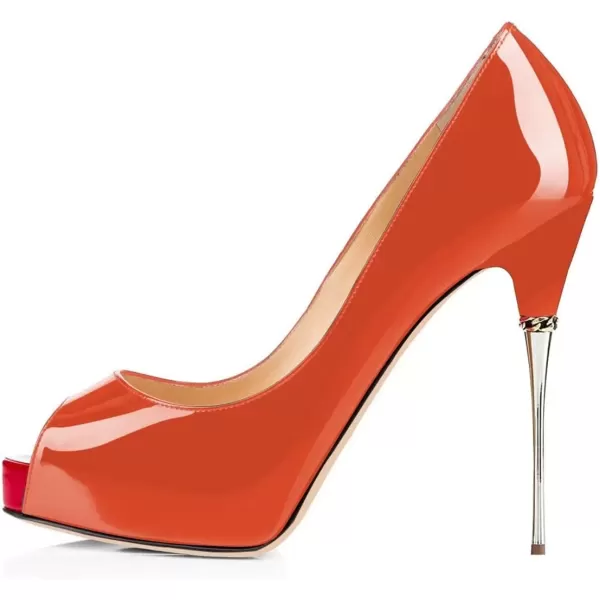 imageFSJ Women Classic Peep Toe Platform Heel Pumps Super High Sexy Metal Stiletto Slip On Party Shoes Size 415 USOrange