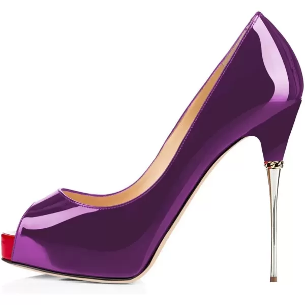 imageFSJ Women Classic Peep Toe Platform Heel Pumps Super High Sexy Metal Stiletto Slip On Party Shoes Size 415 USPurple Red