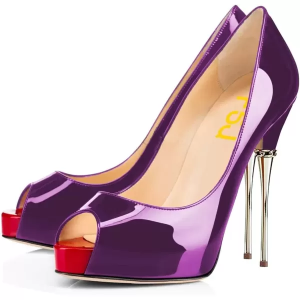 imageFSJ Women Classic Peep Toe Platform Heel Pumps Super High Sexy Metal Stiletto Slip On Party Shoes Size 415 USPurple Red