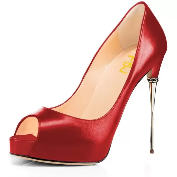 imageFSJ Women Classic Peep Toe Platform Heel Pumps Super High Sexy Metal Stiletto Slip On Party Shoes Size 415 USRed