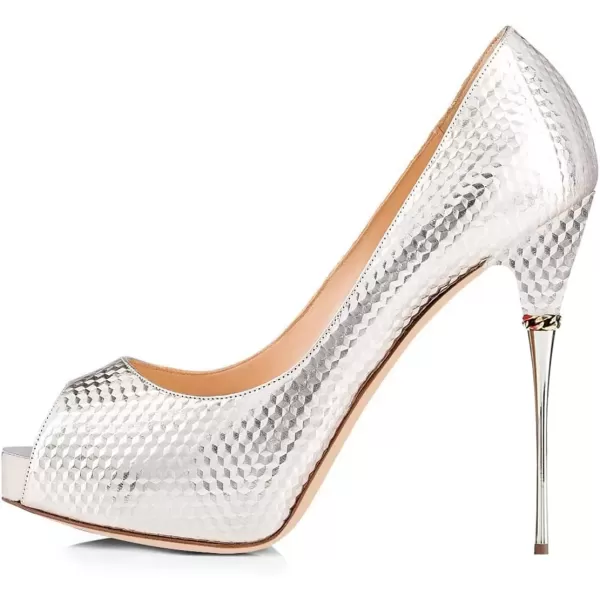 imageFSJ Women Classic Peep Toe Platform Heel Pumps Super High Sexy Metal Stiletto Slip On Party Shoes Size 415 USSilver