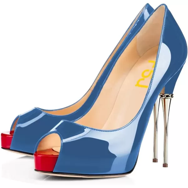 imageFSJ Women Classic Peep Toe Platform Heel Pumps Super High Sexy Metal Stiletto Slip On Party Shoes Size 415 USSteel Blue