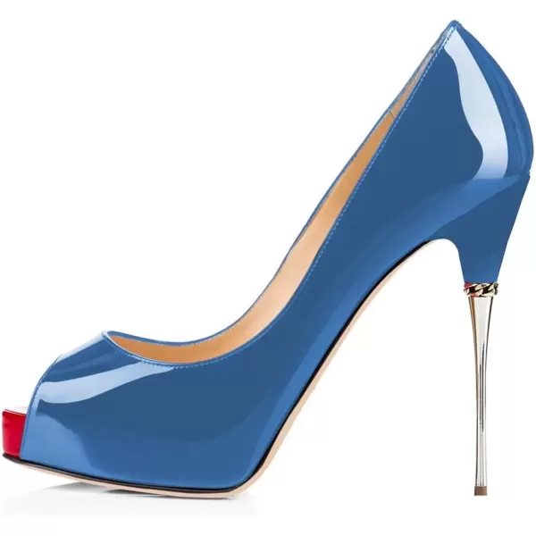imageFSJ Women Classic Peep Toe Platform Heel Pumps Super High Sexy Metal Stiletto Slip On Party Shoes Size 415 USSteel Blue