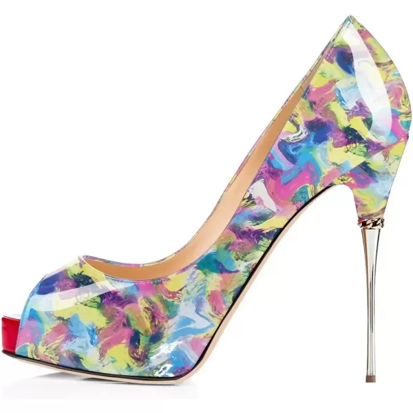 imageFSJ Women Classic Peep Toe Platform Heel Pumps Super High Sexy Metal Stiletto Slip On Party Shoes Size 415 USWatercolor