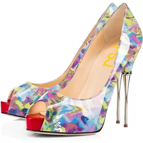 imageFSJ Women Classic Peep Toe Platform Heel Pumps Super High Sexy Metal Stiletto Slip On Party Shoes Size 415 USWatercolor