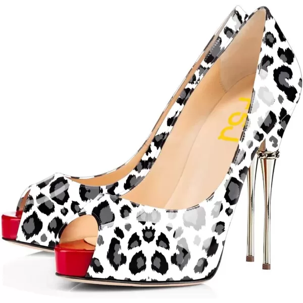 imageFSJ Women Classic Peep Toe Platform Heel Pumps Super High Sexy Metal Stiletto Slip On Party Shoes Size 415 USWhite Leopard