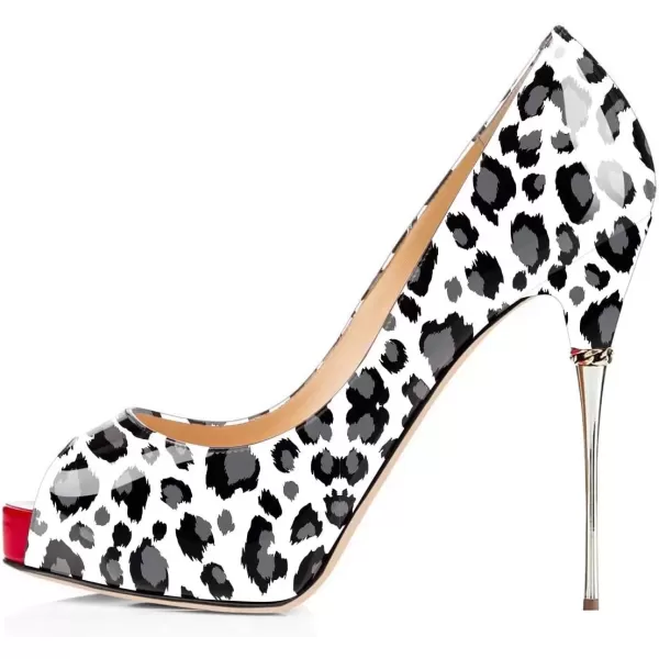imageFSJ Women Classic Peep Toe Platform Heel Pumps Super High Sexy Metal Stiletto Slip On Party Shoes Size 415 USWhite Leopard