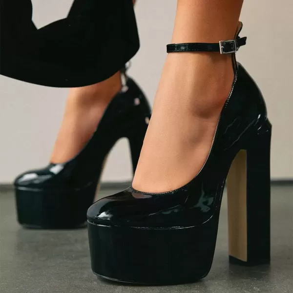 imageFSJ Women Platform Chunky Block High Heel Pumps Sexy Square Closed Toe Ankle Strap Hot Party Prom Wedding Dress Shoes Size 415 USBlack