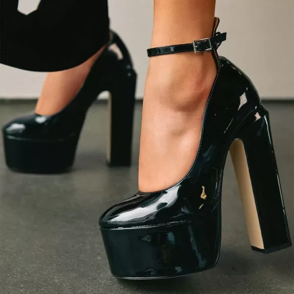 imageFSJ Women Platform Chunky Block High Heel Pumps Sexy Square Closed Toe Ankle Strap Hot Party Prom Wedding Dress Shoes Size 415 USBlack