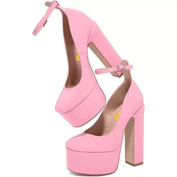 imageFSJ Women Platform Chunky Block High Heel Pumps Sexy Square Closed Toe Ankle Strap Hot Party Prom Wedding Dress Shoes Size 415 USPink