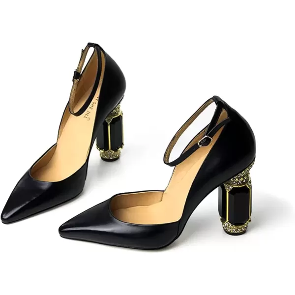 imageFSJ Womens Comfortable Block High Heels Pointed Toe Rhinestone Pumps Ankle Strap Leather Ladies Party Dress Shoes Size 415 UsBlack