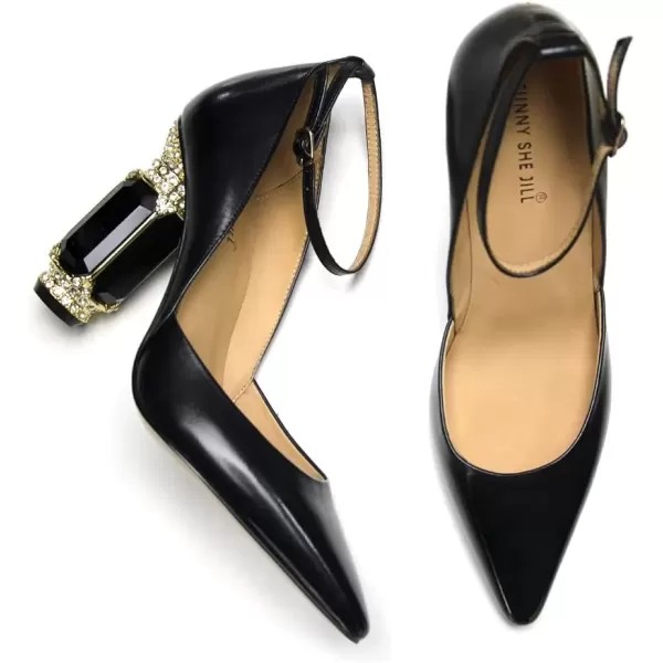 imageFSJ Womens Comfortable Block High Heels Pointed Toe Rhinestone Pumps Ankle Strap Leather Ladies Party Dress Shoes Size 415 UsBlack