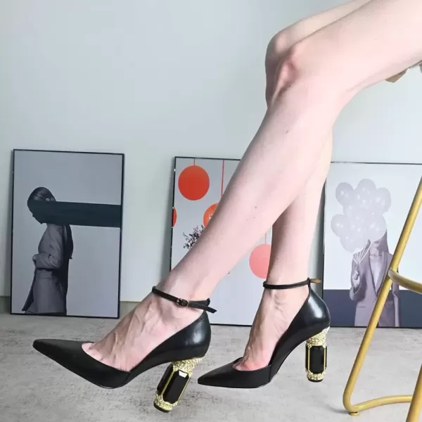 imageFSJ Womens Comfortable Block High Heels Pointed Toe Rhinestone Pumps Ankle Strap Leather Ladies Party Dress Shoes Size 415 UsBlack