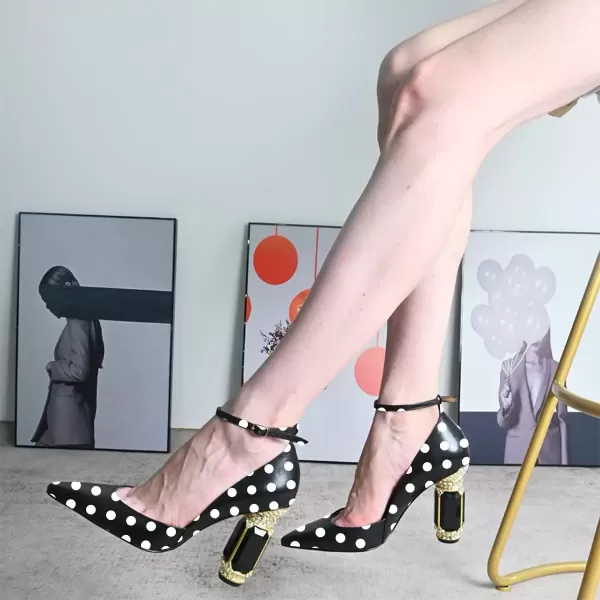 imageFSJ Womens Comfortable Block High Heels Pointed Toe Rhinestone Pumps Ankle Strap Leather Ladies Party Dress Shoes Size 415 UsBlack and White Dots