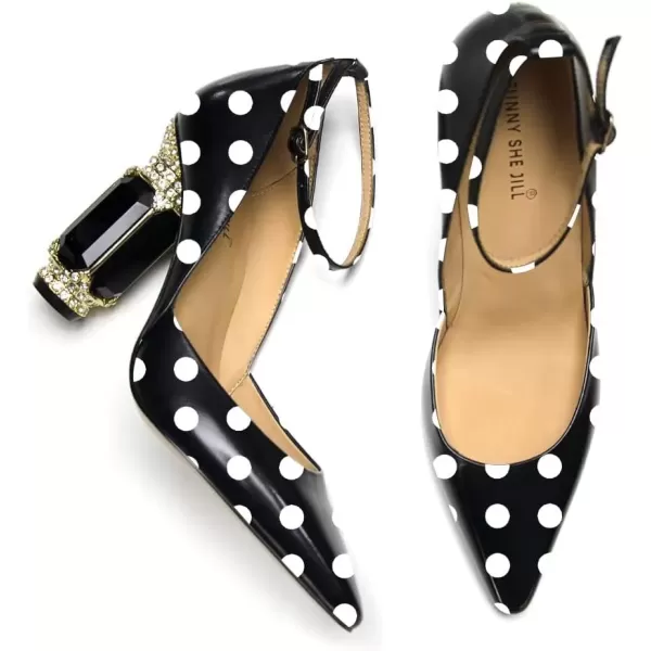 imageFSJ Womens Comfortable Block High Heels Pointed Toe Rhinestone Pumps Ankle Strap Leather Ladies Party Dress Shoes Size 415 UsBlack and White Dots