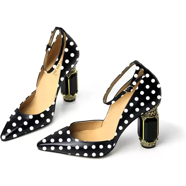 imageFSJ Womens Comfortable Block High Heels Pointed Toe Rhinestone Pumps Ankle Strap Leather Ladies Party Dress Shoes Size 415 UsBlack and White Dots