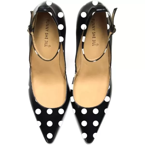 imageFSJ Womens Comfortable Block High Heels Pointed Toe Rhinestone Pumps Ankle Strap Leather Ladies Party Dress Shoes Size 415 UsBlack and White Dots