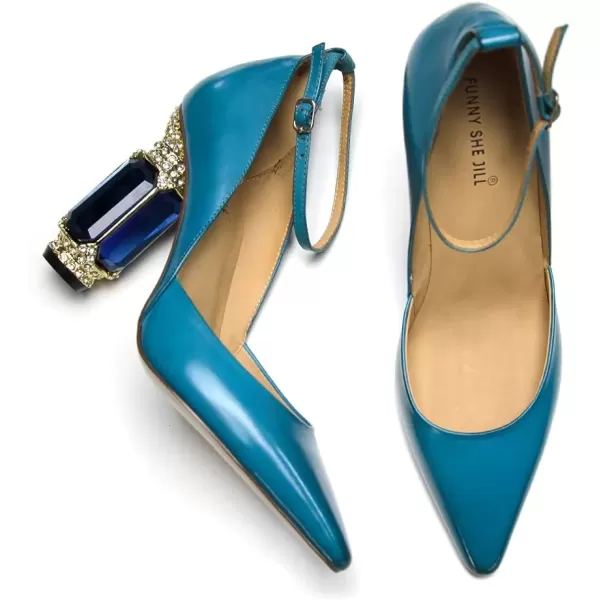 imageFSJ Womens Comfortable Block High Heels Pointed Toe Rhinestone Pumps Ankle Strap Leather Ladies Party Dress Shoes Size 415 UsBlue