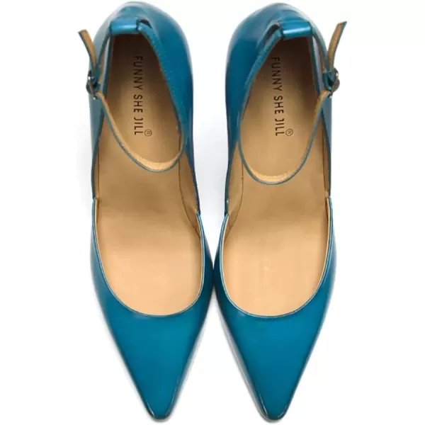 imageFSJ Womens Comfortable Block High Heels Pointed Toe Rhinestone Pumps Ankle Strap Leather Ladies Party Dress Shoes Size 415 UsBlue