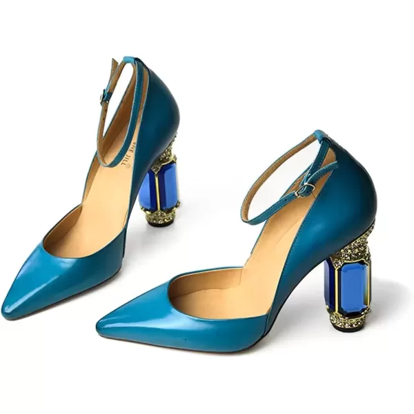 imageFSJ Womens Comfortable Block High Heels Pointed Toe Rhinestone Pumps Ankle Strap Leather Ladies Party Dress Shoes Size 415 UsBlue