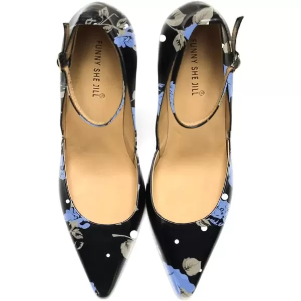 imageFSJ Womens Comfortable Block High Heels Pointed Toe Rhinestone Pumps Ankle Strap Leather Ladies Party Dress Shoes Size 415 UsBlue Floral