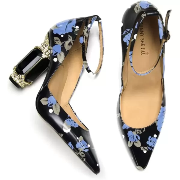imageFSJ Womens Comfortable Block High Heels Pointed Toe Rhinestone Pumps Ankle Strap Leather Ladies Party Dress Shoes Size 415 UsBlue Floral