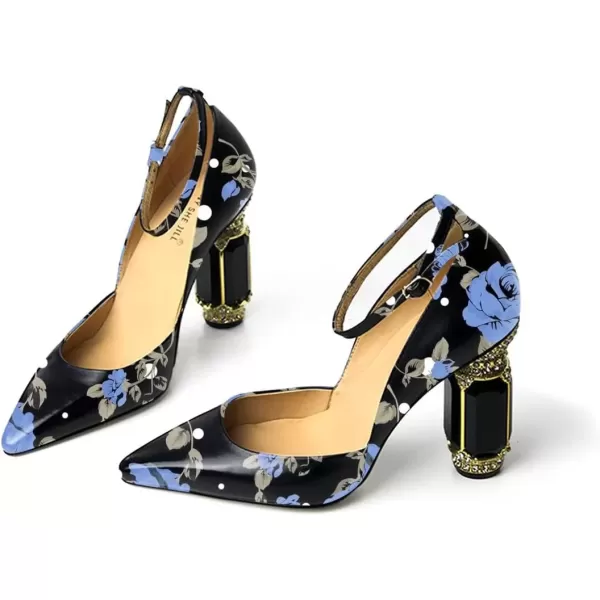 imageFSJ Womens Comfortable Block High Heels Pointed Toe Rhinestone Pumps Ankle Strap Leather Ladies Party Dress Shoes Size 415 UsBlue Floral