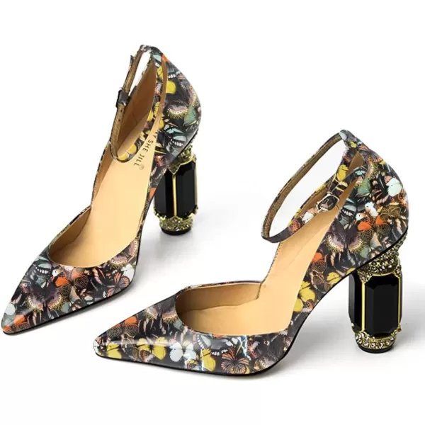 imageFSJ Womens Comfortable Block High Heels Pointed Toe Rhinestone Pumps Ankle Strap Leather Ladies Party Dress Shoes Size 415 UsButterfly
