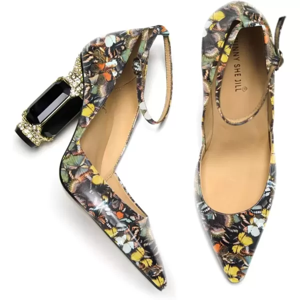 imageFSJ Womens Comfortable Block High Heels Pointed Toe Rhinestone Pumps Ankle Strap Leather Ladies Party Dress Shoes Size 415 UsButterfly