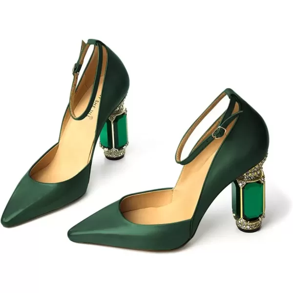 imageFSJ Womens Comfortable Block High Heels Pointed Toe Rhinestone Pumps Ankle Strap Leather Ladies Party Dress Shoes Size 415 UsDark Green