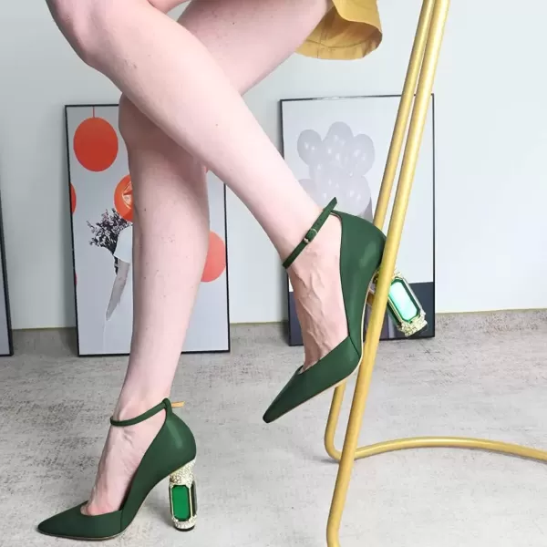 imageFSJ Womens Comfortable Block High Heels Pointed Toe Rhinestone Pumps Ankle Strap Leather Ladies Party Dress Shoes Size 415 UsDark Green
