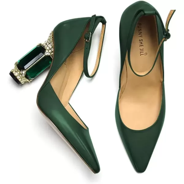 imageFSJ Womens Comfortable Block High Heels Pointed Toe Rhinestone Pumps Ankle Strap Leather Ladies Party Dress Shoes Size 415 UsDark Green