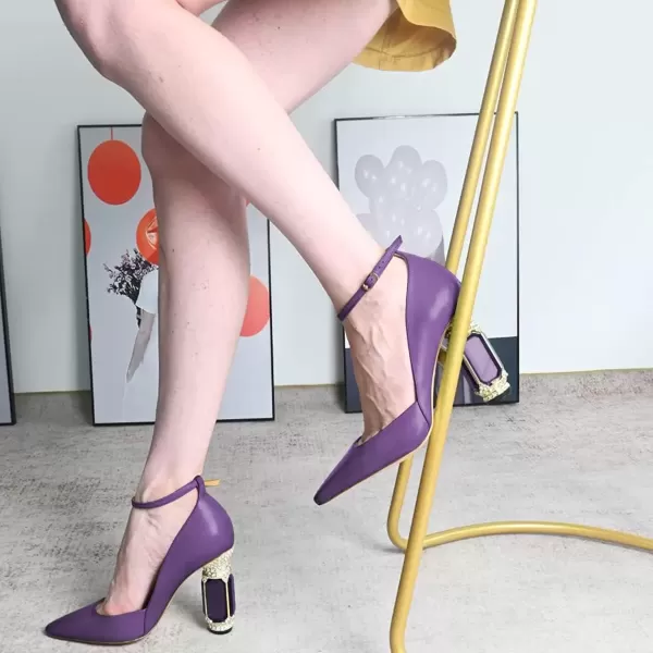 imageFSJ Womens Comfortable Block High Heels Pointed Toe Rhinestone Pumps Ankle Strap Leather Ladies Party Dress Shoes Size 415 UsDark Purple