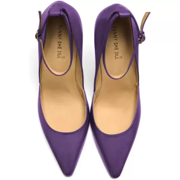 imageFSJ Womens Comfortable Block High Heels Pointed Toe Rhinestone Pumps Ankle Strap Leather Ladies Party Dress Shoes Size 415 UsDark Purple
