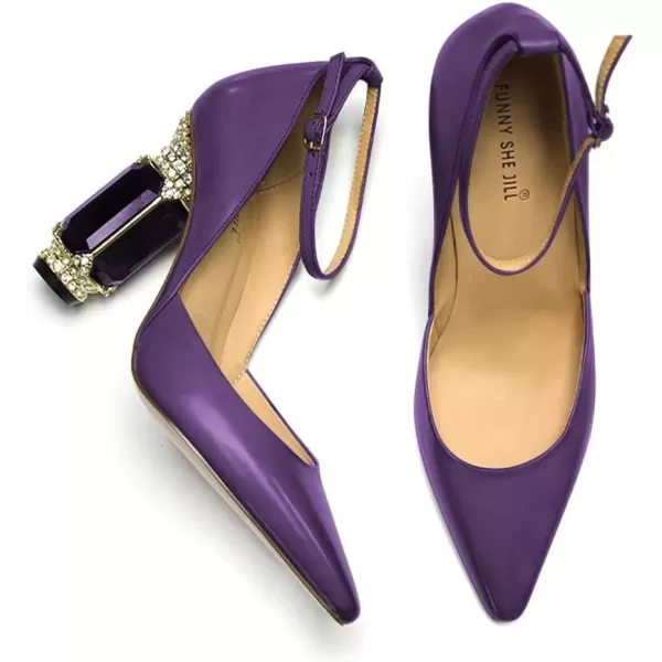 imageFSJ Womens Comfortable Block High Heels Pointed Toe Rhinestone Pumps Ankle Strap Leather Ladies Party Dress Shoes Size 415 UsDark Purple