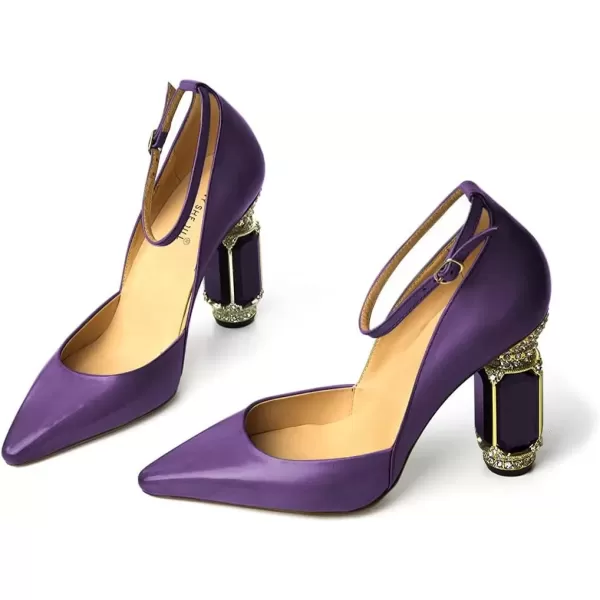 imageFSJ Womens Comfortable Block High Heels Pointed Toe Rhinestone Pumps Ankle Strap Leather Ladies Party Dress Shoes Size 415 UsDark Purple