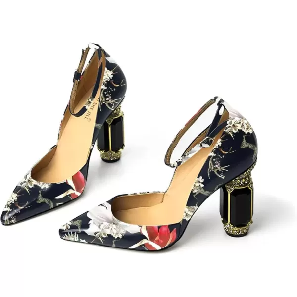 imageFSJ Womens Comfortable Block High Heels Pointed Toe Rhinestone Pumps Ankle Strap Leather Ladies Party Dress Shoes Size 415 UsFloral