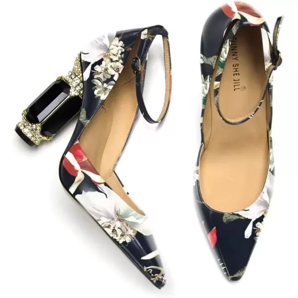 imageFSJ Womens Comfortable Block High Heels Pointed Toe Rhinestone Pumps Ankle Strap Leather Ladies Party Dress Shoes Size 415 UsFloral