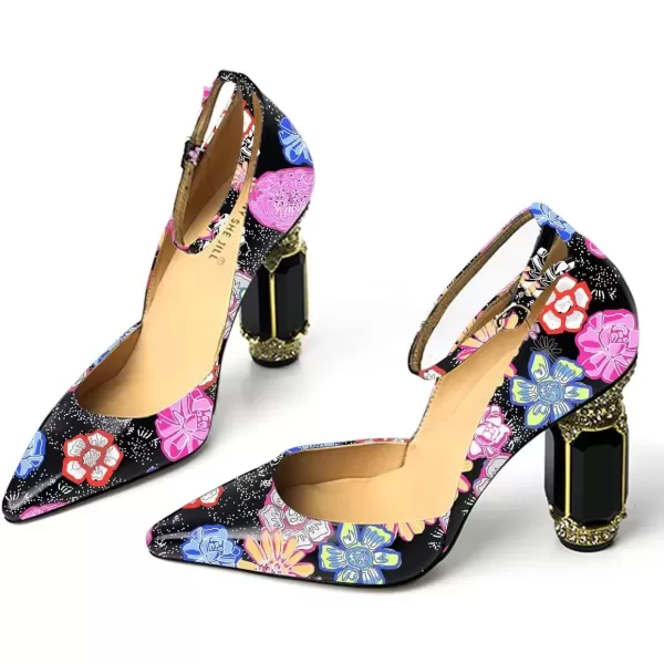 imageFSJ Womens Comfortable Block High Heels Pointed Toe Rhinestone Pumps Ankle Strap Leather Ladies Party Dress Shoes Size 415 UsFlower